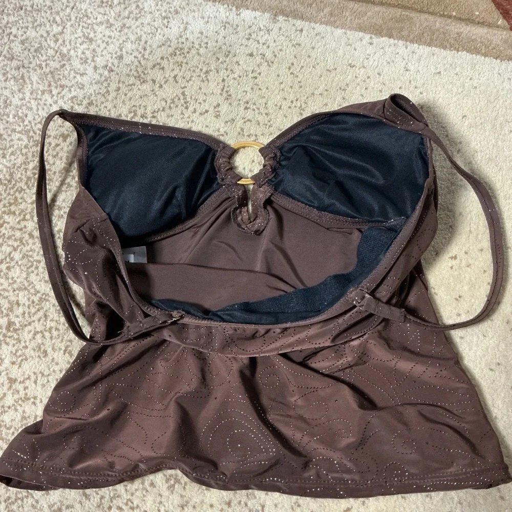 Ocean Dream Glitter Swirl Tankini Swim Top Womens 8 Brown Gold Ring Adjustable